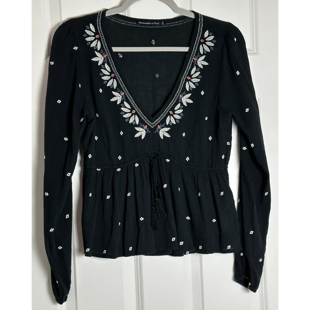 Abercrombie & Fitch Black Peasant Top S Embroidered Boho Hippie Cottagecore